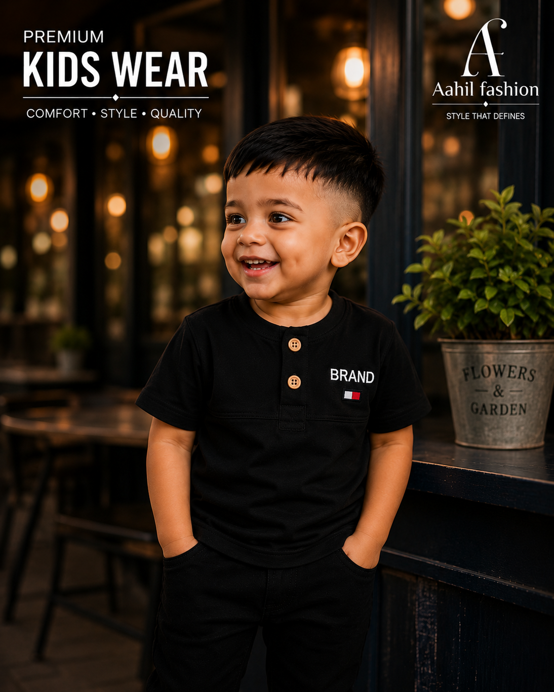 Kids Band Collar T-Shirts Black